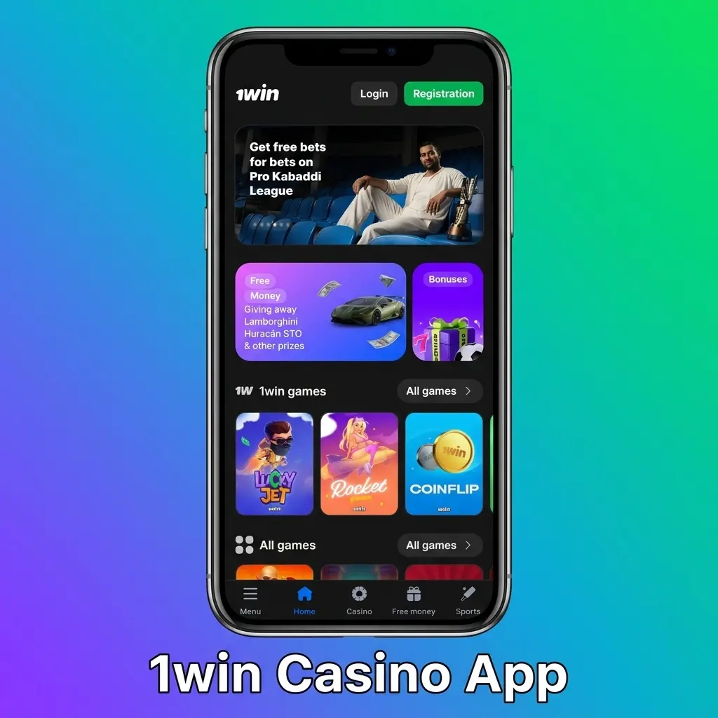 1win casino app interface showing live casino games, slots, and sports betting on a mobile device screen
