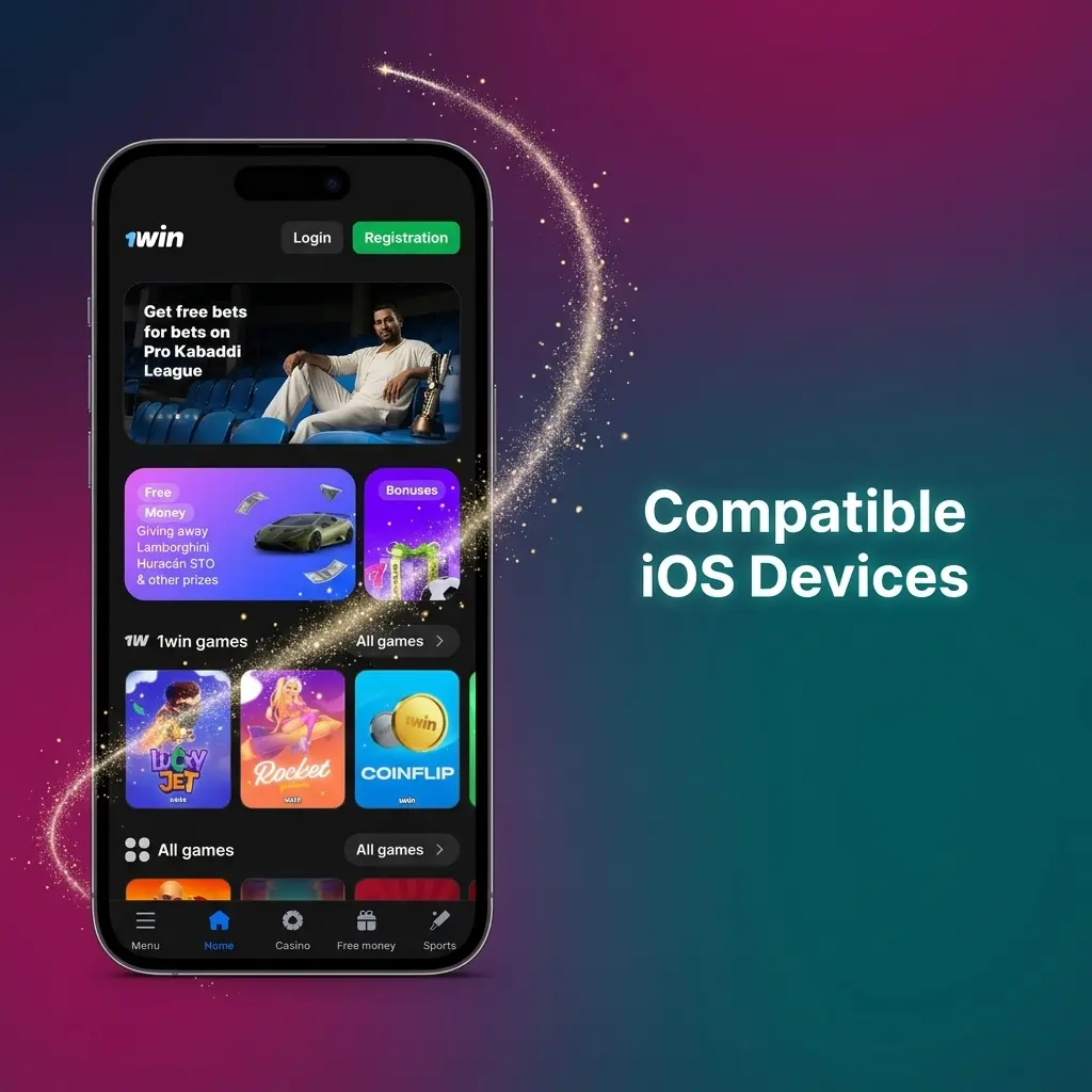 List of compatible iOS devices for the 1win app including iPhone X through iPhone 17 series and various iPad models