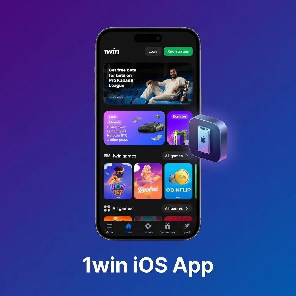 1win iOS app interface on iPhone and iPad showing sports betting and casino games available on the App Store