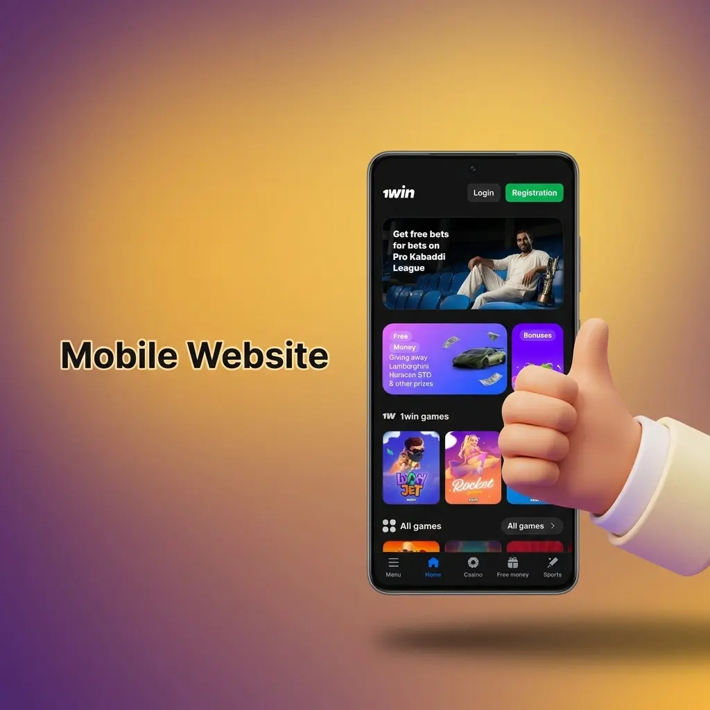 Responsive 1win mobile website with compact menus, sports and casino tabs, live markets, bet slip, and Mobile Money deposits