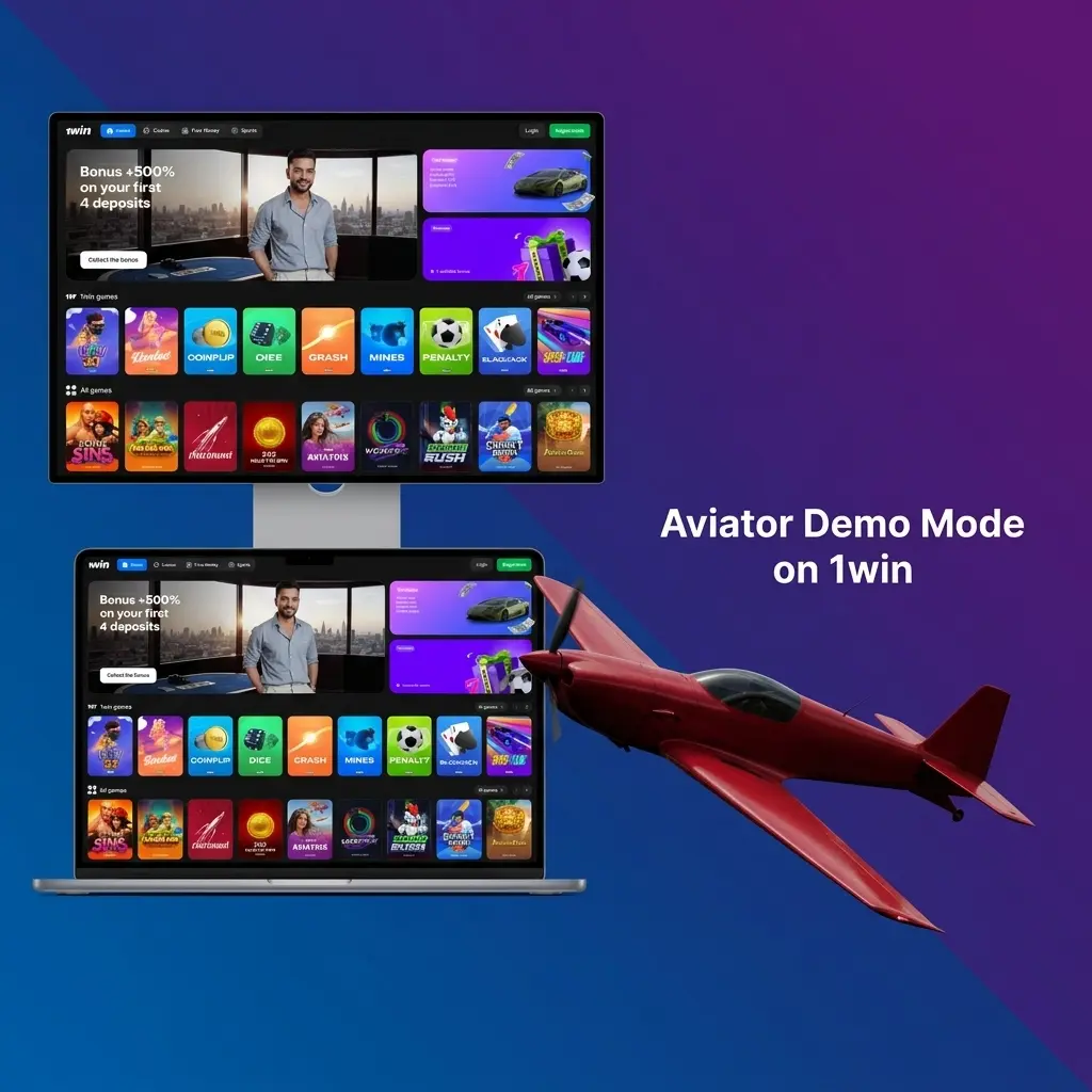 Aviator demo mode on 1win showing plane multiplier, virtual balance, and auto cash out settings for safe practise