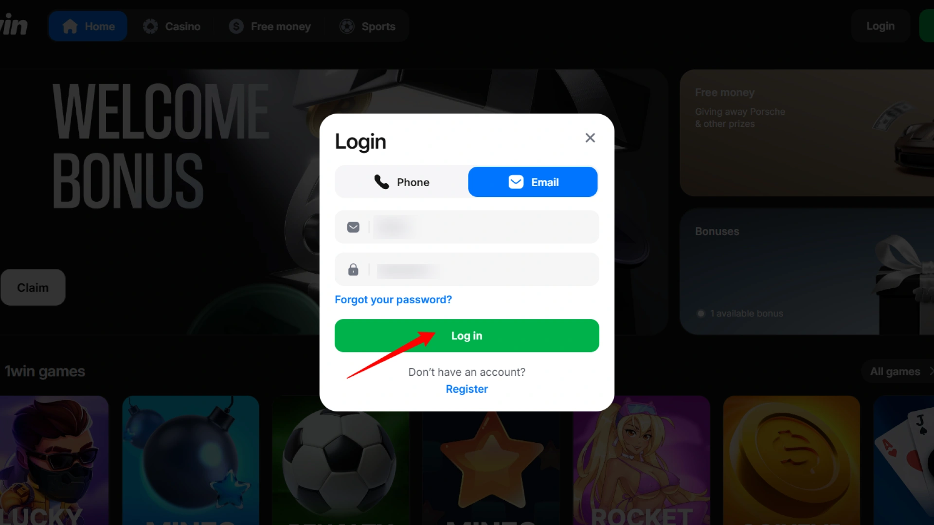 Complete your login to start betting at 1win online casino.
