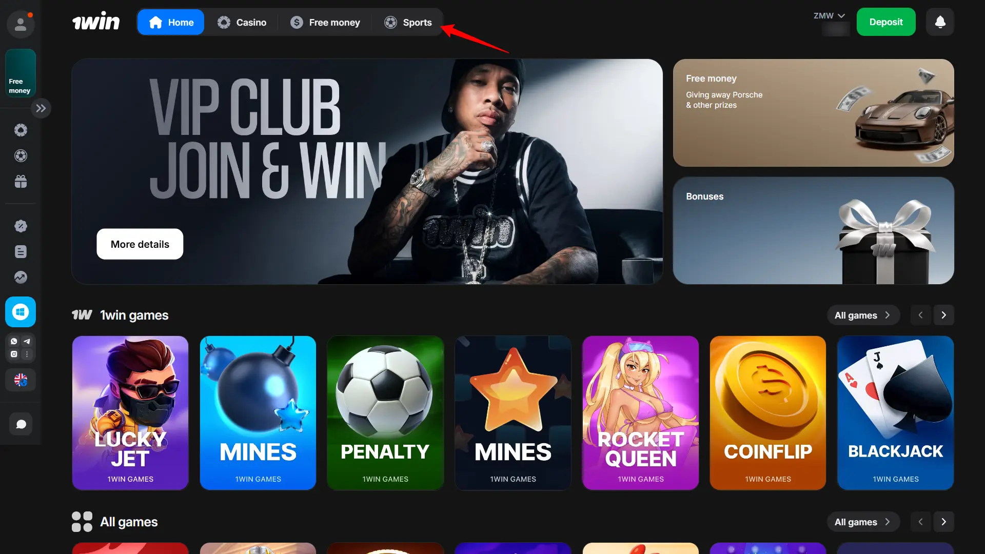 Open the sports betting section on the 1win Zambia website.