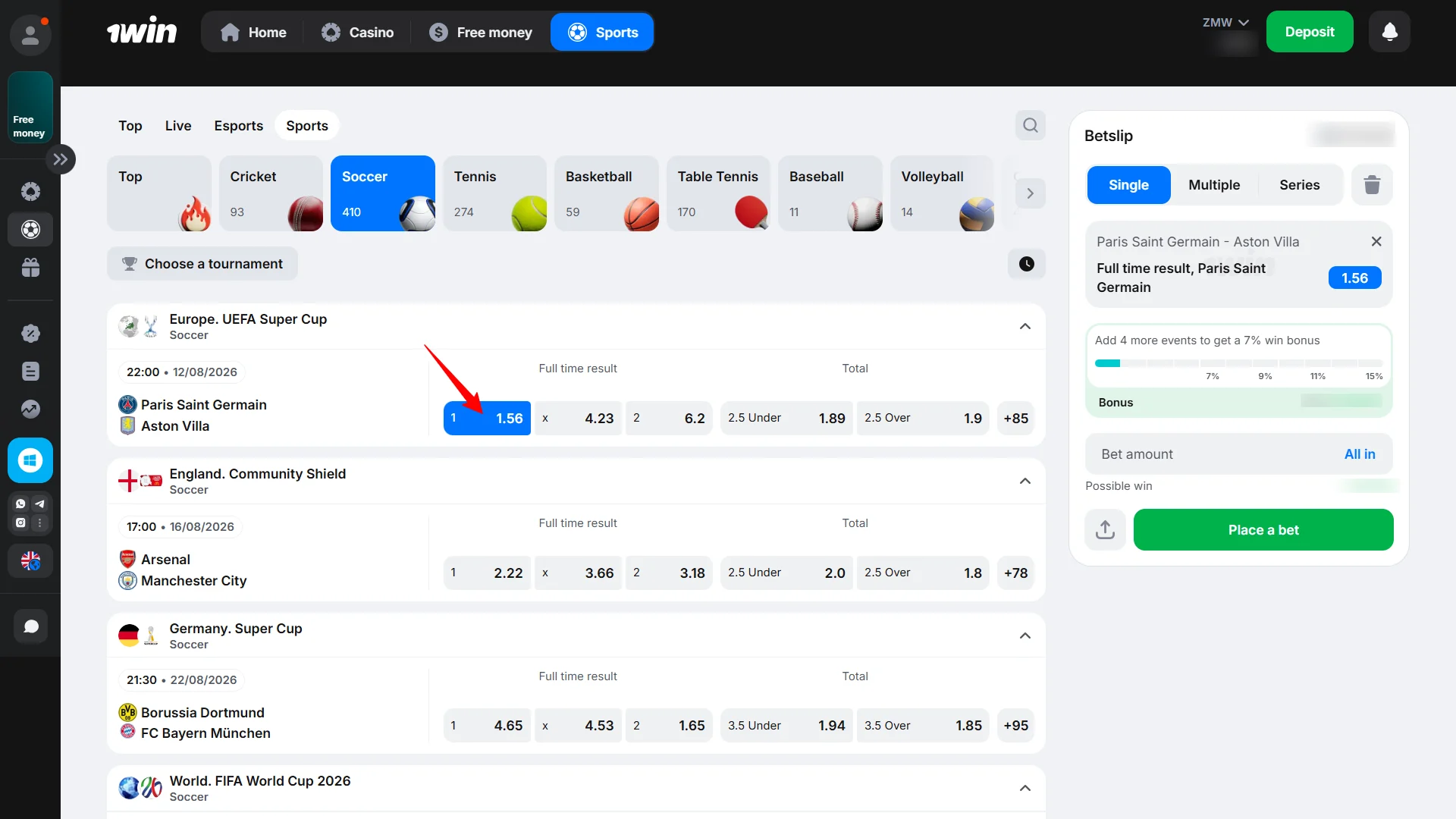 Select a preferred betting market on the 1win Zambia online platform.