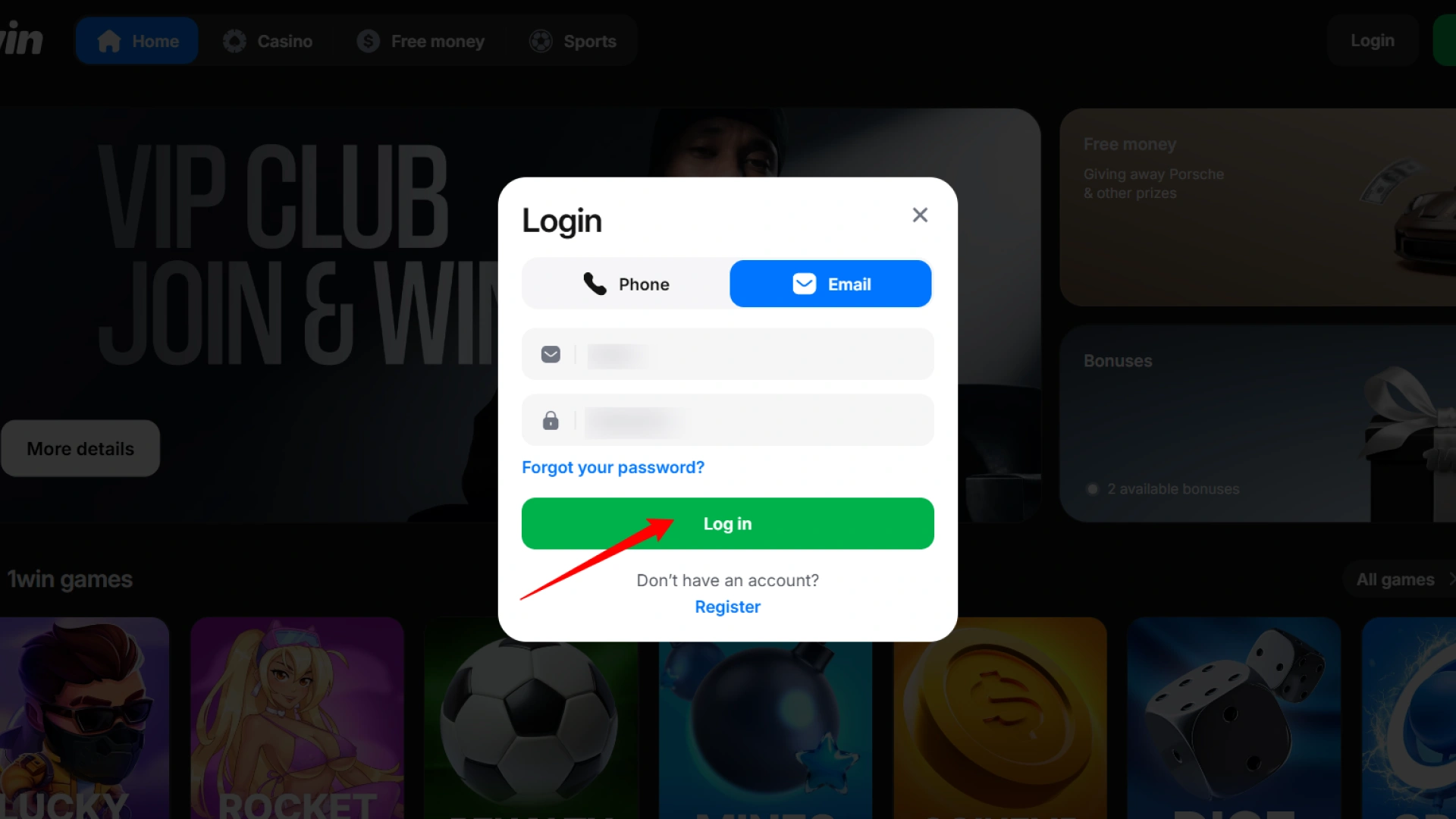 Log in to your 1win account to claim your welcome bonus.