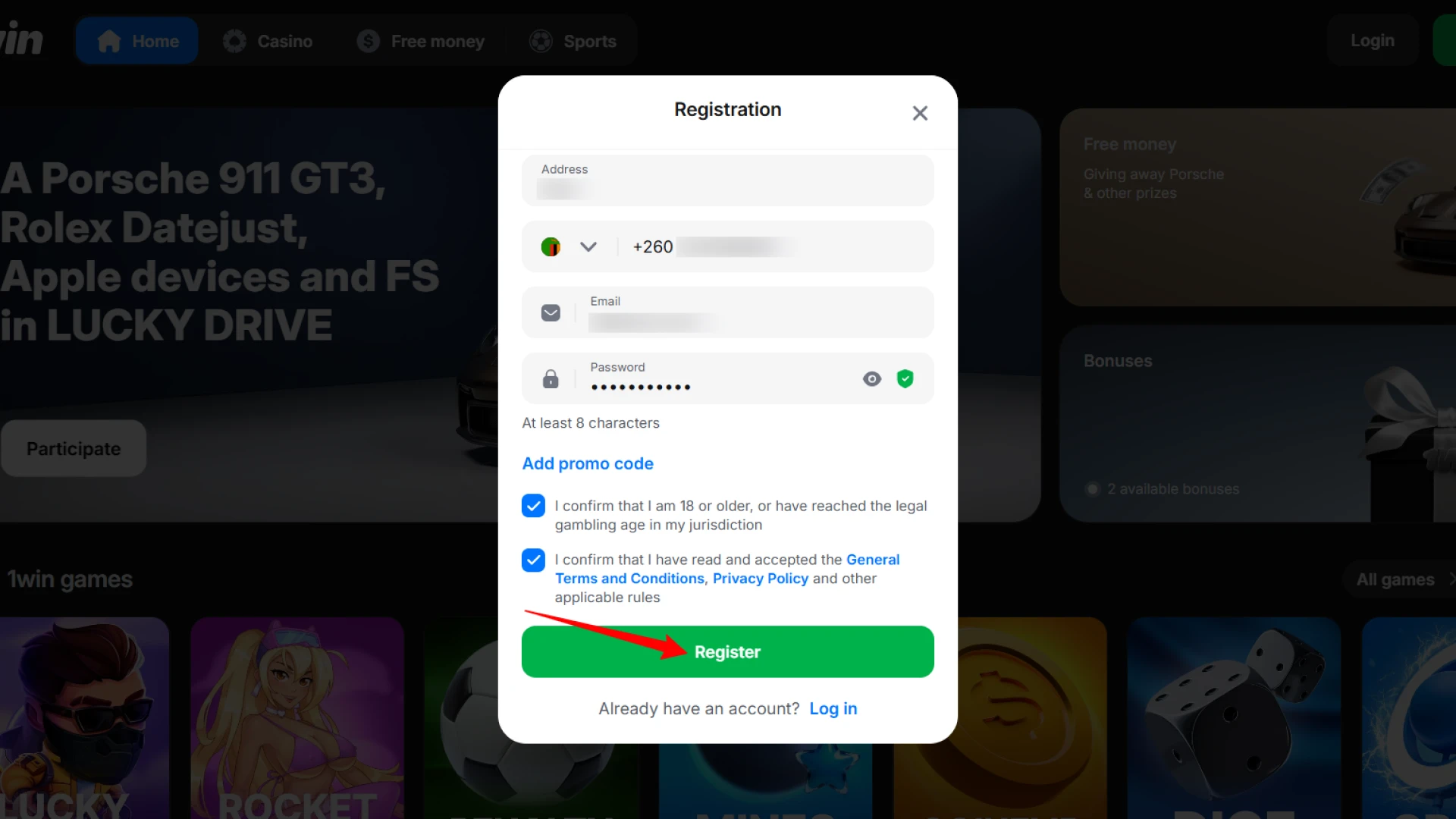 Confirm your info and complete your 1win sign up successfully now.