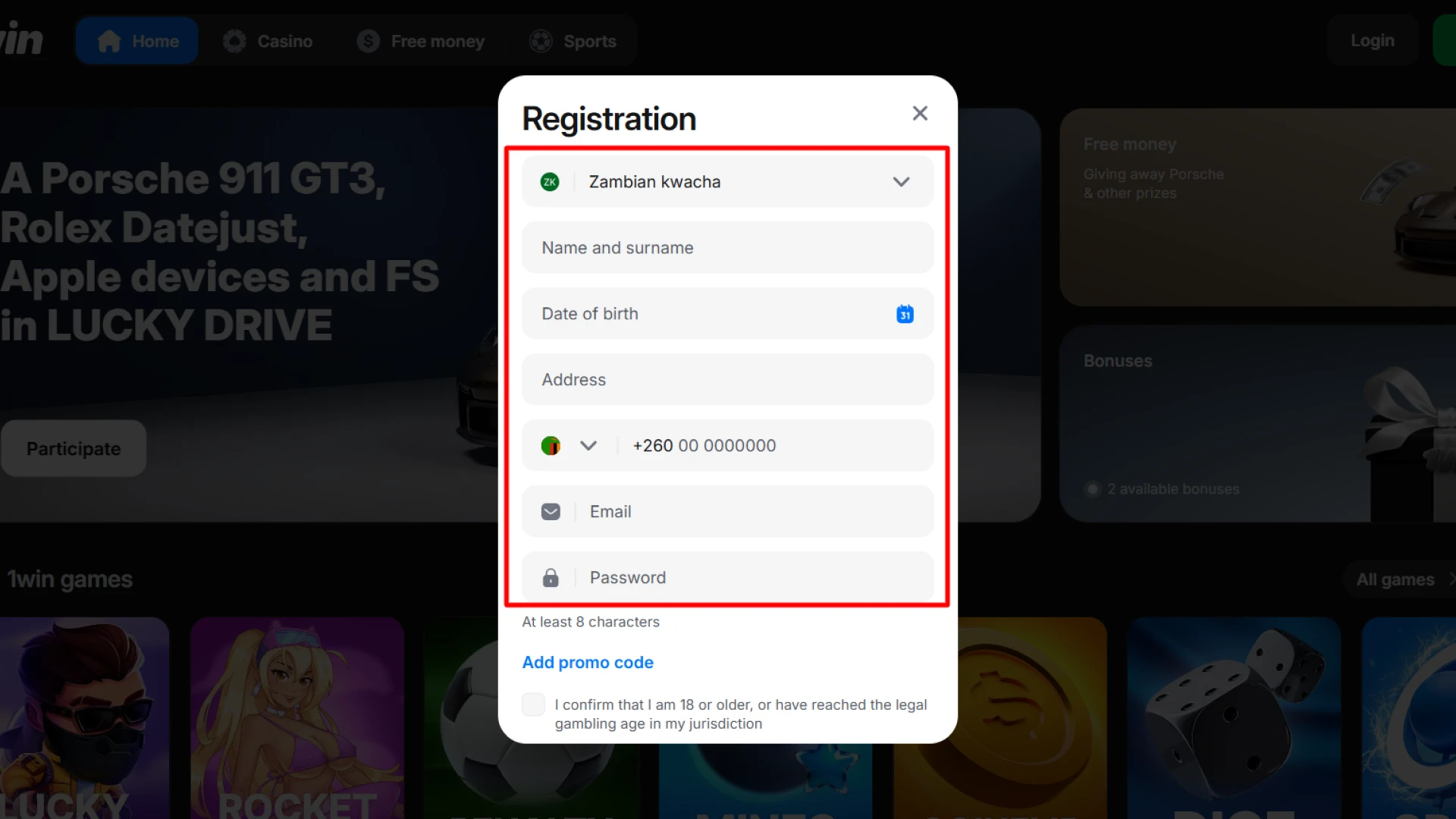 Fill in your personal details to sign up at 1win casino.