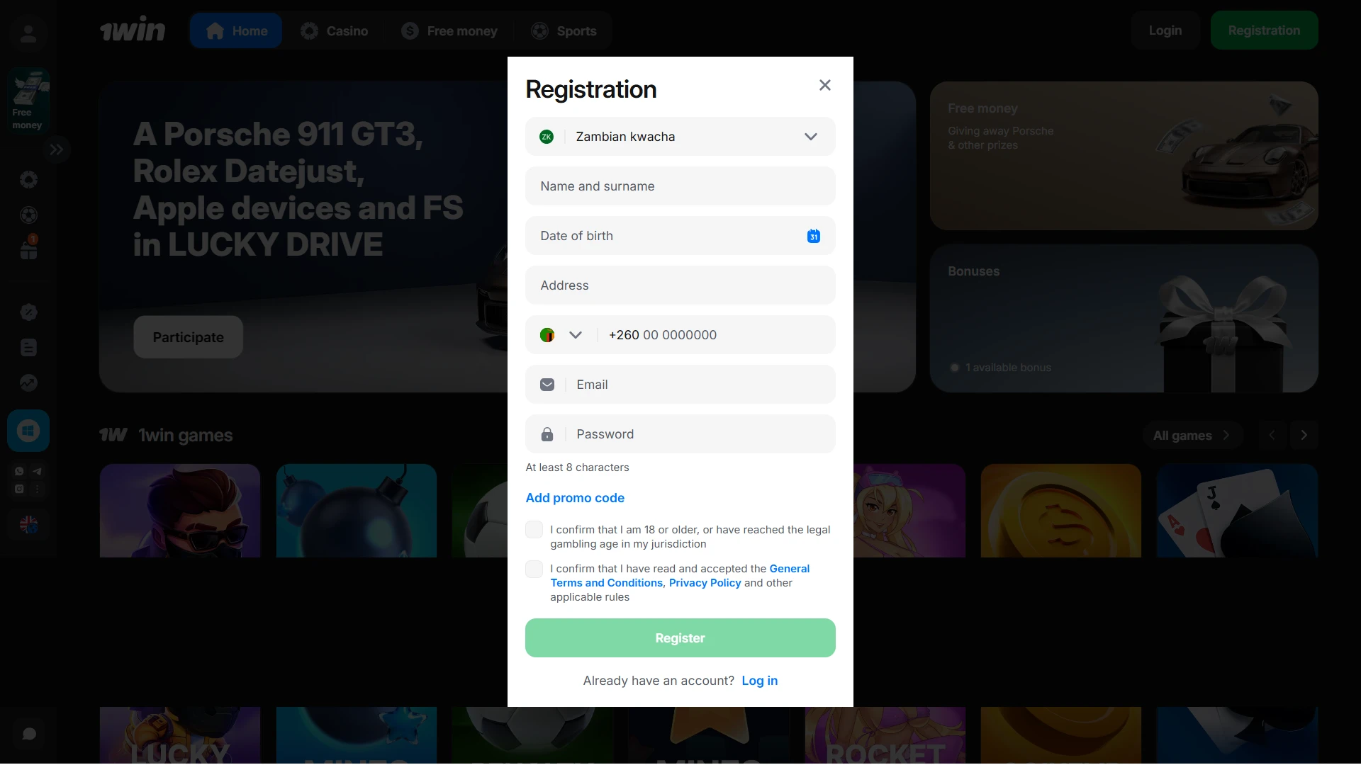 Open the 1win Zambia registration form to create a casino profile.